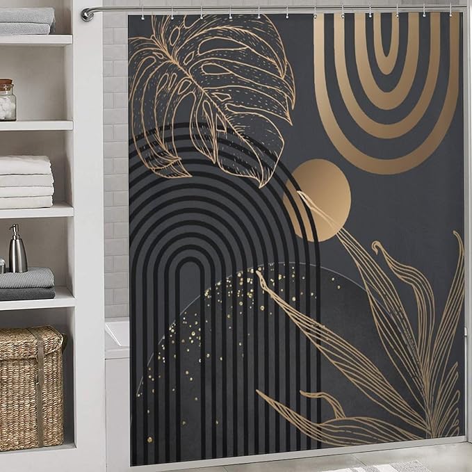 Dark Black Gold Shower Curtains,Mid Century Abstract Tropical Plant Minimalist Modern Geometric Palm Leaf Simple Waterproof Fabric Bathroom Shower Curtain Set with Hooks,72x84Inch (183x183cm)