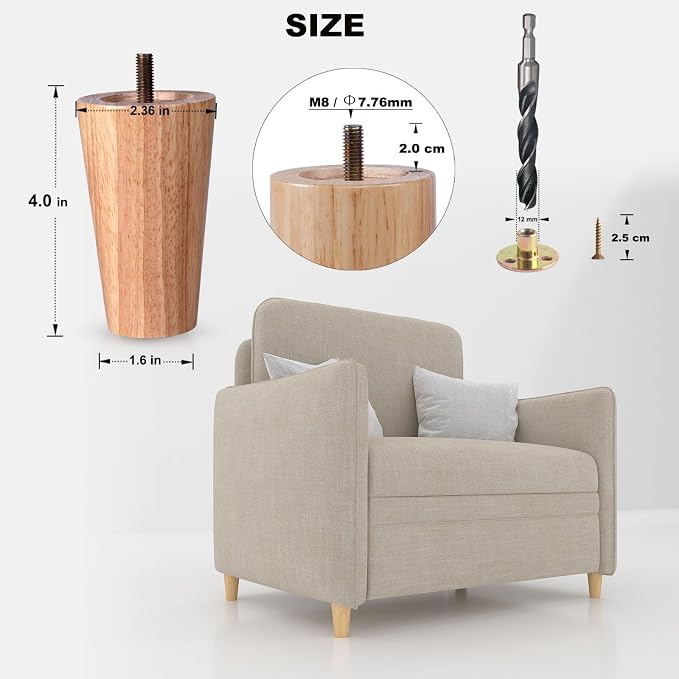 4 Inch Rubberwood Furniture Legs Set of 4 - Solid Wood Couch & Sofa Legs Replacement,Feet for Ottoman Loveseat Table Cabinet Bed Suport Foot - Vernished Wooden Legs