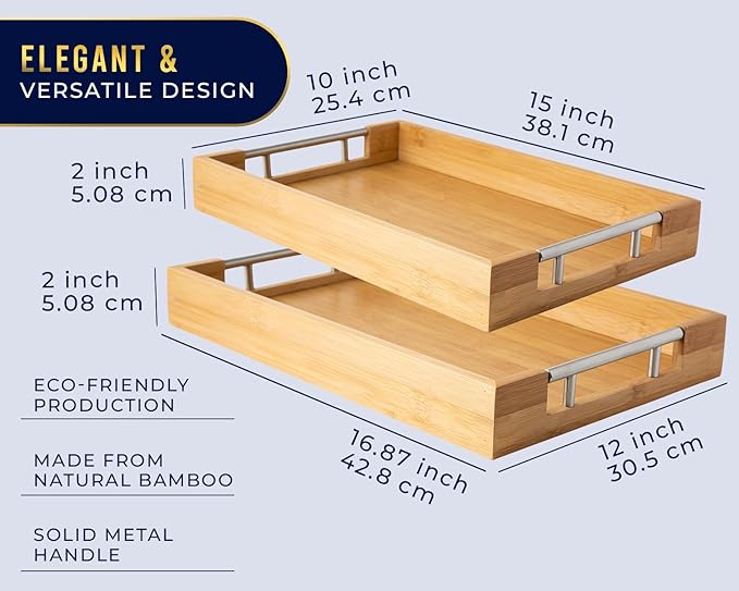 Comfify Decorative Bamboo Serving Trays with Silver Stainless Steel Handles – 2-Piece Set for Coffee Table, Ottoman, Breakfast in Bed, Jewelry & Decor Organization – 12"x17" – Pure Bamboo Finish