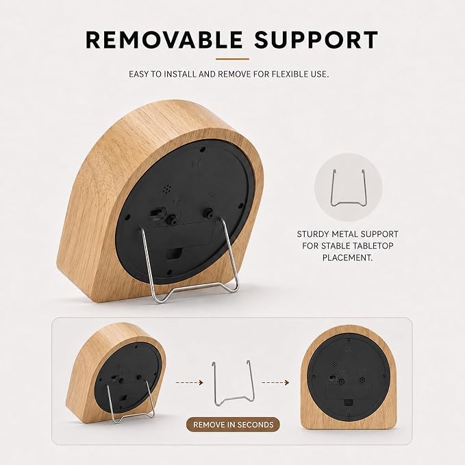 Analog Alarm Clock 5" Silent Non-Ticking Small Solid Wood Desk Clocks Battery Operated Simple Style Retro Table Clock for Office/Bedroom/Kitchen/School/Bedside/Shelf (Light Wood, Arch)