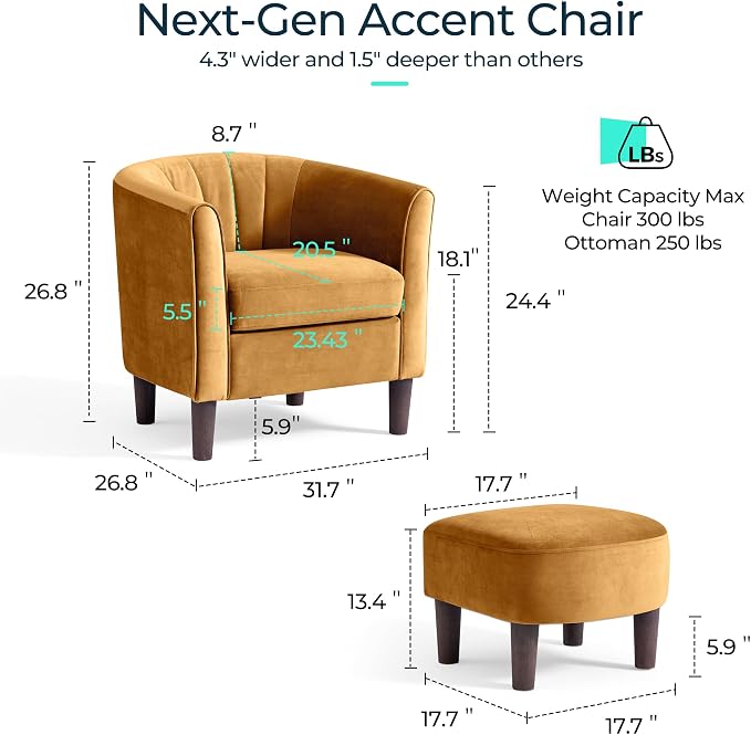 LINSY Accent Chair with Ottoman, Modern Armchair Comfy Barrel Reading Chair with Footrest for Living Room Bedroom Reading Room, Velvet, Yellow