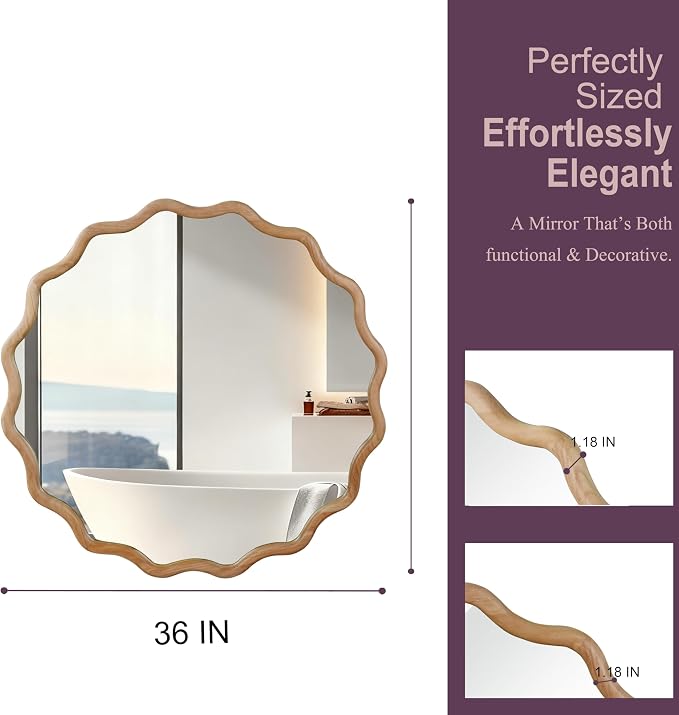 36 Inch Wooden Wavy Round Wall Mirror, Modern Solid Wood Frame Circle Decorative Accent Mirror for Bedroom, Bathroom, Living Room, Entryway, Natural Wood Color