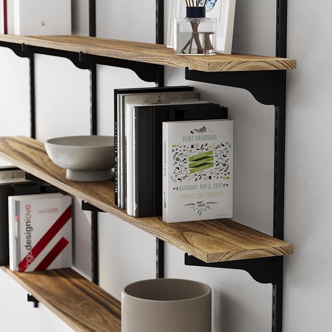 Wallniture Turin 60 Inch Floating Shelf, Adjustable Wall Shelves, Wood Shelving, Wooden Floating Shelves, Wall Mounted Bookshelf, Storage for Living Room, Kitchen, Office, 3 Tier, Burnt Finish