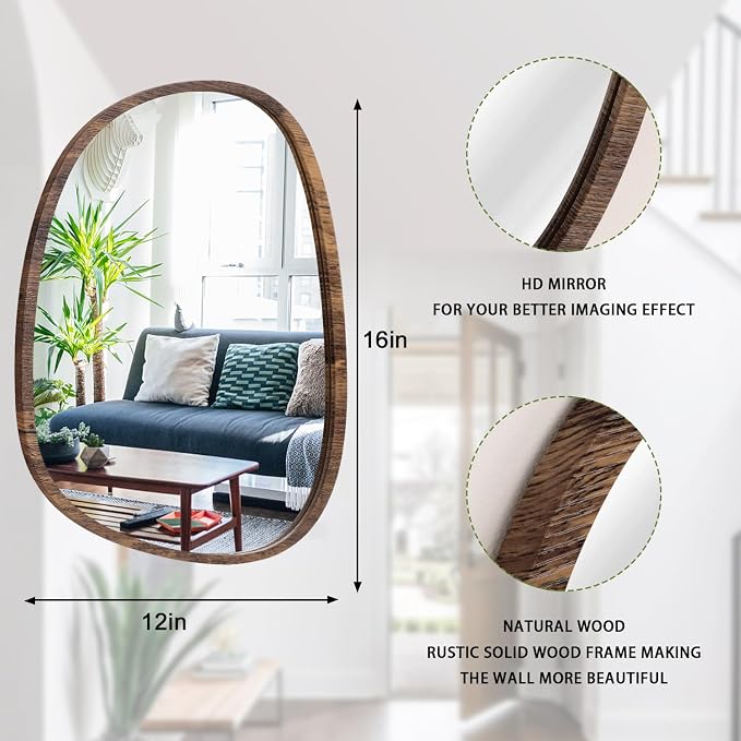 Small Wall Mirror Asymmetrical Irregular Wood Frame Mirror Modern Unique Wall-Mounted Artistic Oval Shape Mirror Decor for Bedroom Living Room Bathroom Vanity Entryway Hallway