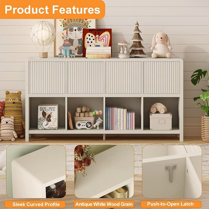 FATORRI Bookcase 8 Cube Storage Organizer, Horizontal Bookshelf with 4 Doors, Long Wooden Book Shelf for Home Office, Bedroom, Entryway (Antique White)