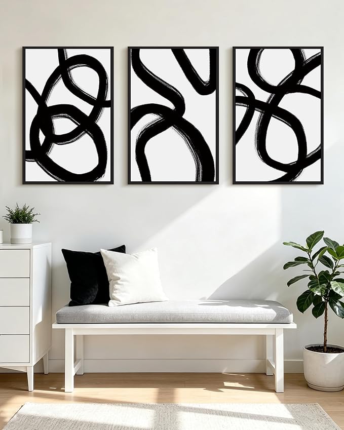 KUVIOKE Black and Gray Abstract Framed Wall Art Ink Wash Minimalist Lines Painting Artwork for Bedroom Hallway 24x36in (Black Framed)