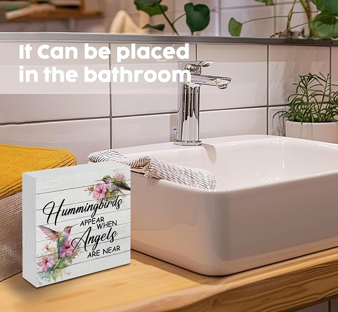 Hummingbird Decor, Hummingbird Gifts For Women, Hummingbirds Appear When Angels Are Near Wooden Box Signs, Farmhouse Floral Bird Wood Decoration Home Decor For Desk Table Shelf 5x5 Inch