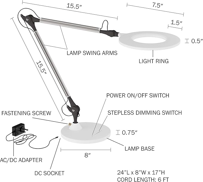 Lavish Home LED Desk Lamp - Swing Arm Architect Lamp - Adjustable Natural Sun Lighting for Home Office, Bedroom, or Dorm Room (White)