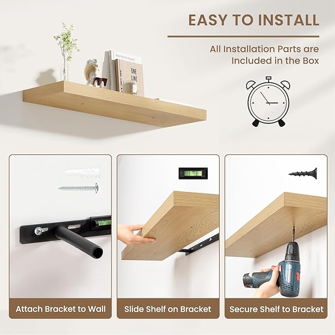 Dreamland 48 Inches Floating Shelves for Wall, 8" Deep Long Floating Shelves Set of 1, Large Display & Storage Shelf, Wall Shelf for Bathroom Bedroom Living Room Kitchen Office, Oak
