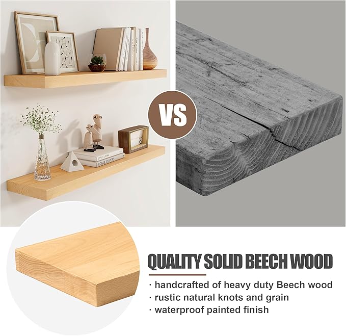 Floating Shelves for Wall, USA-Sourced Beech Wood 48 Inch Long Wall Shelves, Natural Wooden Mounted Picture Ledge Shelf, Nursery Book Storage Shelf Kids Bookshelf, Display Shelf for Bathroom
