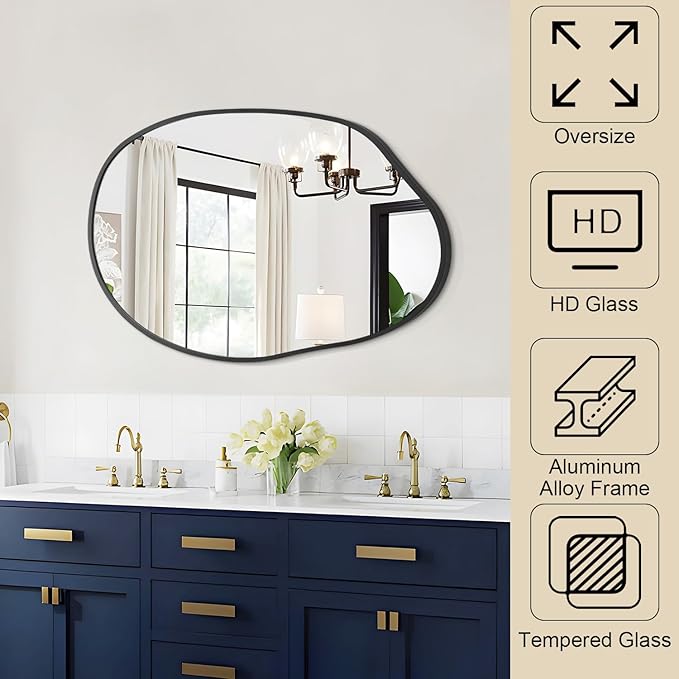 Irregular Wall Mirror, Wall Mirrors Decorative 22"x30" Black Asymmetrical Bathroom Mirrors Aluminum Alloy Frame for Bedroom, Living Room, Cloakroom, Entryway