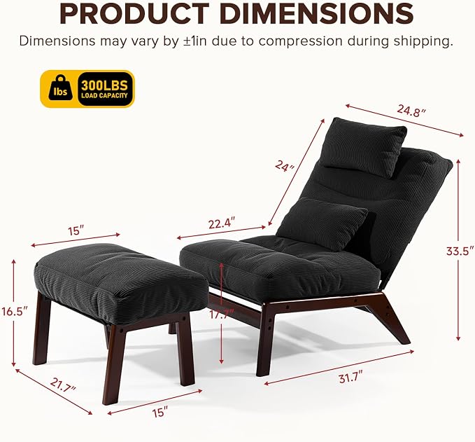 GEMBED Accent Chair with Ottoman Adjustable Backrest, Comfy Lounge Chair Single Sofa with Headrest Lumbar Pillow, Reading Chair with Footrest for Bedroom, Living Room, Dark Grey