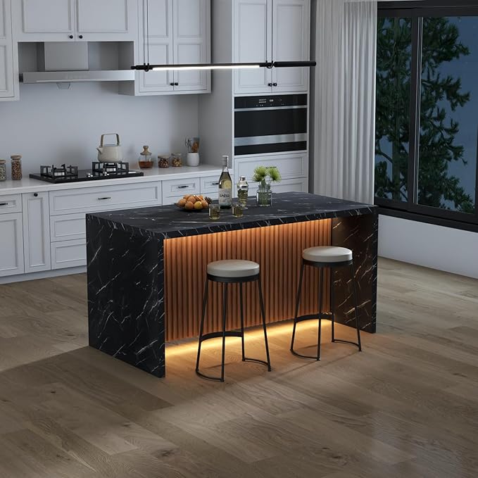 63" Large Imitation Marble Dining Table for 4-6 People(Patent Pending),Island Table with LED Lights,Mordern Marble Stripes Kitchen Dining Table with Grille design for Dining Room,Living Room (Black)