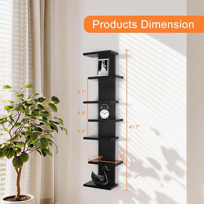 VIWODS 7 Tier Wall Shelf Unit-Black Floating Shelves for Home Decor, Modern Unique Asymmetric Design for Bedroom & Living Room Storage