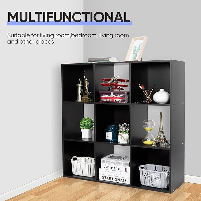 ZenStyle 9 Cube Storage Shelf Organizer, Wooden Bookshelf System Display Cube Shelves Compartments, Customizable W/ 5 Removable Back Panels (Black)