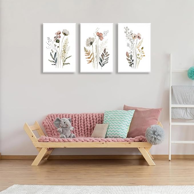 3Pcs Framed 12x16in Boho Flower Wall Art Wildflower Watercolor Canvas Minimalist Colorful Botanical Floral Painting Picture Wall Decor Posters Modern Print Artwork for Living Room Bedroom
