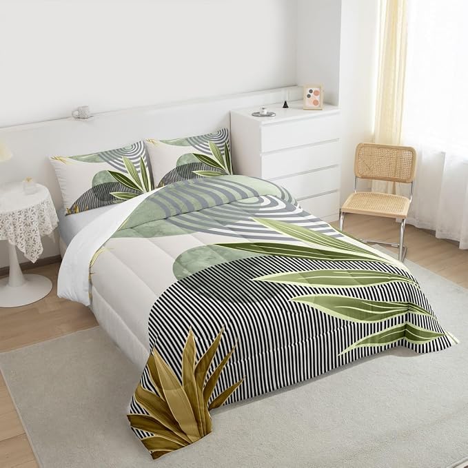 Erosebridal Mid Century Boho Bedding Set Queen Size Modern Geometric Comforter Set,Minimalist Bedding Comforter Sets Abstract Retro Sun Aesthetic Arch Curve Leaves Quilt,Green Gold