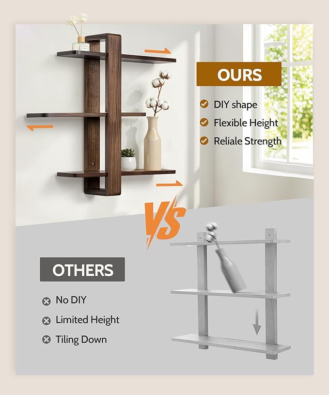 SUMGAR Floating Shelves for Wall Walnut Mounted Shelf Unit for Living Room Bedroom Bathroom Mid Century Modern Decorative Storage Plant Photo Display Home Decor 3 Tier Large 20in All Pine