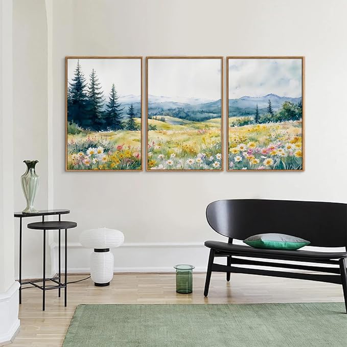 KaiWithYuan Watercolor Mountain Woodland Framed Canvas Wall Art, Nature Pine Tree Forest Wall Decor, Modern Daisy Flower Art Paintings, Cozy Meadow Artwork for Bedroom Living Room Office 16"x24"x3
