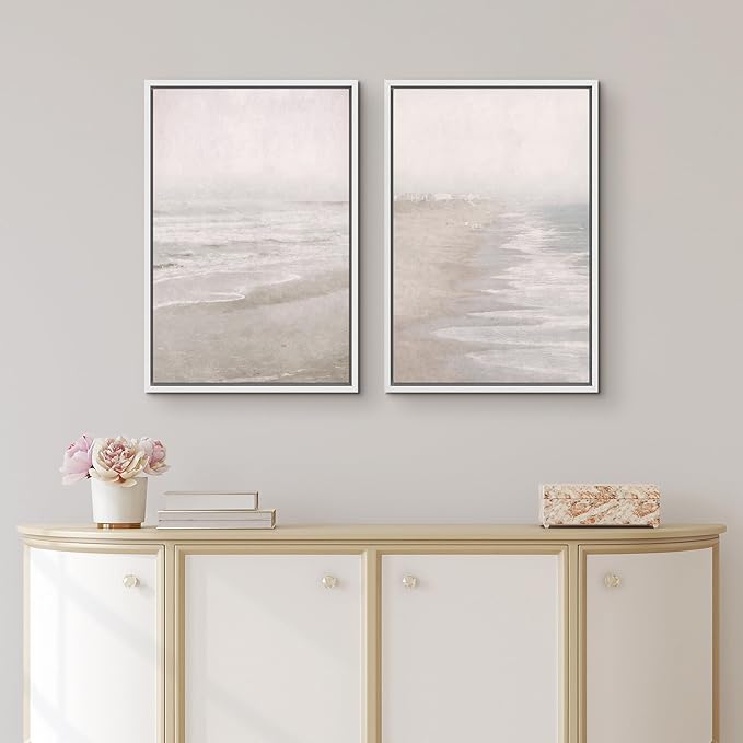 IDEA4WALL Framed Canvas Print Wall Art Set Abstract Beach Shore Ocean Wave Landscape Nature Wilderness Illustrations Modern Art Decorative Coastal Cottage Seascape for Bedroom - 24"x36"x2 White