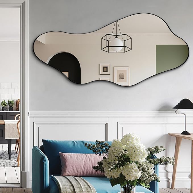 Large Irregular Mirror, 55"x25.6" Asymmetrical Wall Mirrors with Metal Frame, Odd Shaped Mirror Decorative, Modern Abstract Mirrors for Living Room Bathroom Bedroom Hallway Entryway