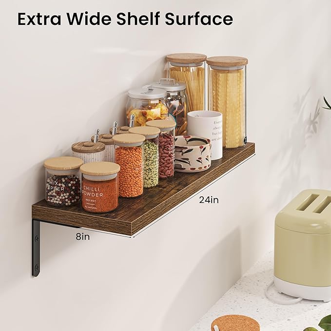 Marsmiles Extra Wide Floating Shelves for Wall, 24x8 Inch Natural Wood Grain Bookshelves, Heavy Duty Mounted Shelving for Bathroom, Kitchen, Living Room, Bedroom,Set of 2，Rustic Brown