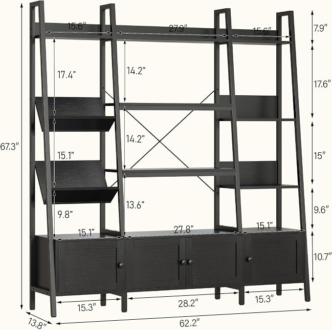 kepptory Large Ladder Bookshelf with 3 Storage Cabinets, Triple Wide 4-Tier Open Bookcase with Storage for Living Room, Bedroom, Home Office, Black