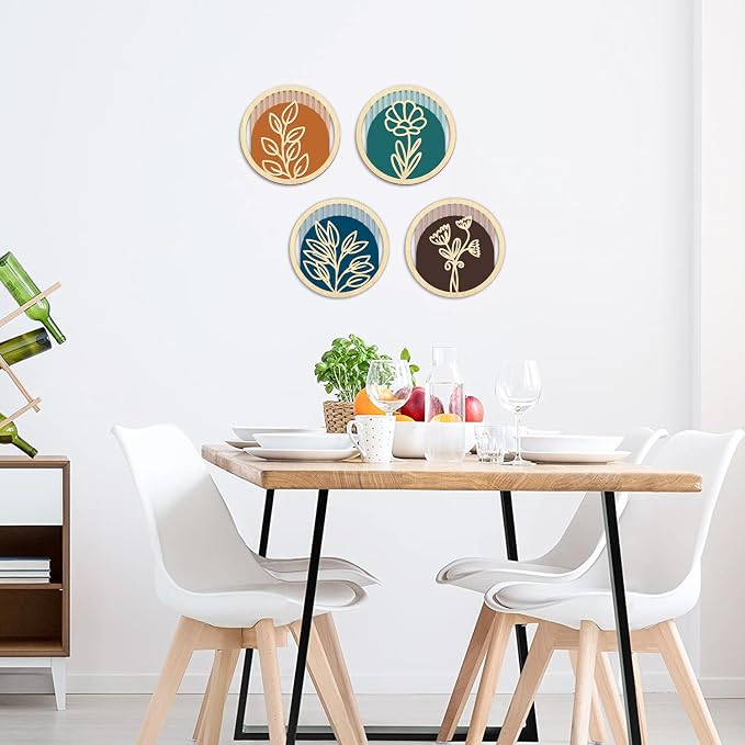 TOARTi 4Pcs Wooden Boho Floral Wall Art Set, Modern Minimalist Flower Wooden Hanging Sign,Bohemian Plants Artwork,Farmhouse Vintage Botanical Wall Decor for Living Room Bedroom Office Bathroom