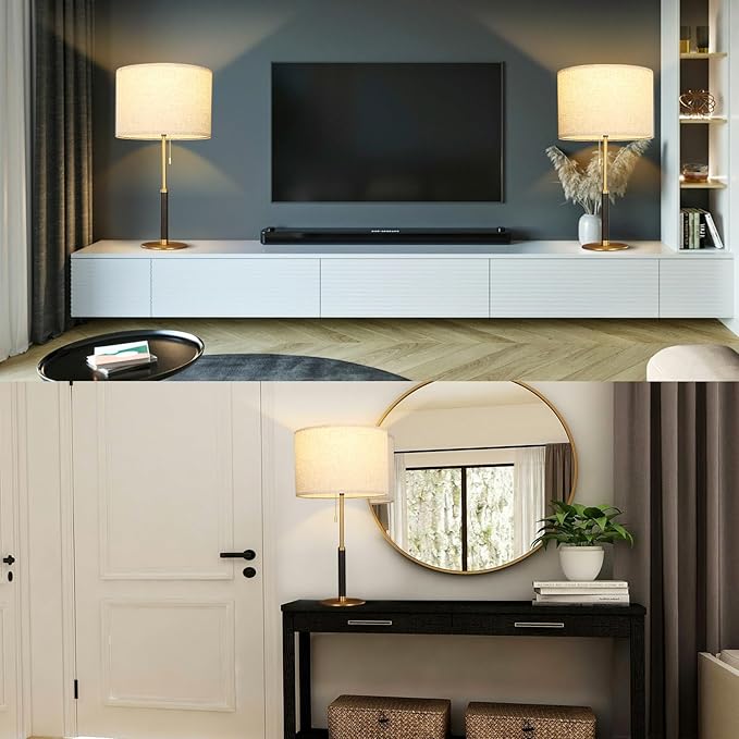 26.4" Set 2 Pull Chain Table Lamp Modern Mid Century Bedside Lamps for Living Room End Tables 3-Color Light for Bedroom, Solid Wood/Metal/Fabric Lamp for Home/Office/Desk (Light Brown+Brass)