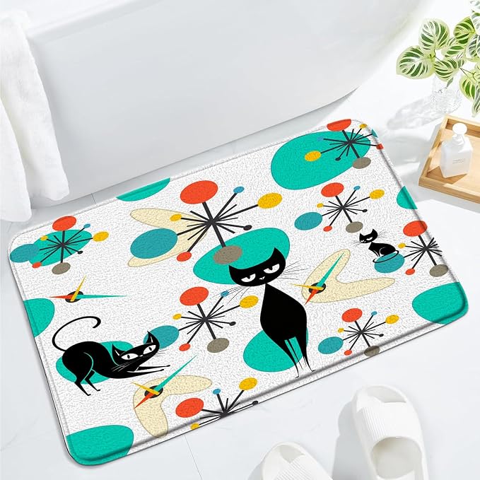 Mid Century Black Cat Bath Mat, Teal Orange Modern Atomic Geometric Bathroom Rug Shower Floor, Retro 50s 60s Vintage Bath Rug, Absorbent Doormat Bedroom Rug Kitchen Toilet, 17.7x29.5 Inches