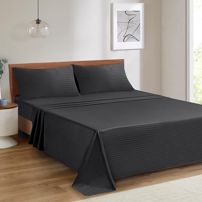 Mejoroom Striped Queen Size Sheet Set - Hotel Luxury 1800 Bedding Sheets & Pillowcases - Deep Pocket Fitted Sheet, Soft, Breathable, Wrinkle & Fade Resistant - 4 Piece (Black)