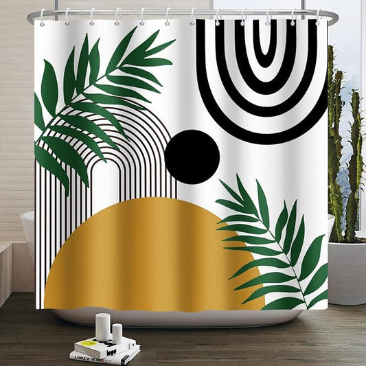 Boho Mid Century Shower Curtain Bohemian Abstract Modern Sun Bathroom Curtain Geometric Arch Curve Leaves Polyester Shower Curtain Sets for Bathroom Extra Long 72x96 in with 12 Hooks
