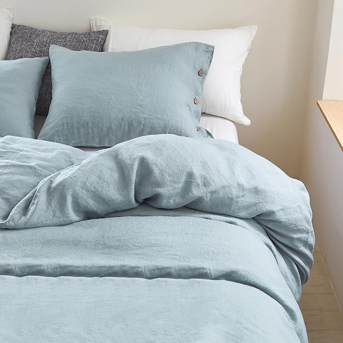 Simple&Opulence 100% Linen Duvet Cover Set 3pcs with Coconut Button Closure Natural French Washed Flax Solid Color Soft Breathable Farmhouse Bedding - Dusty Blue, Full Size
