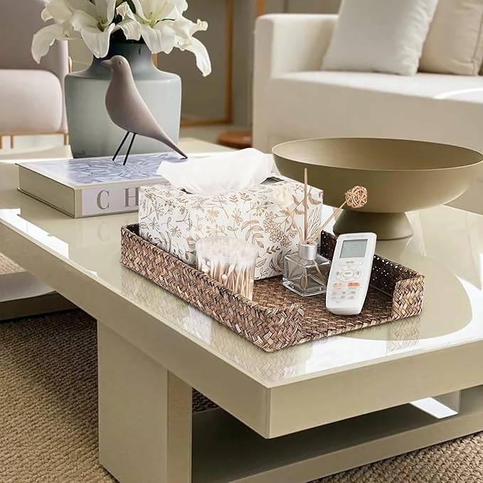 BTSKY Multipurpose A4 File Tray Natural Seagrass Desk Tray Organizer Woven Letter Size Desk Documents Trays Magazine Files Storage Basket Organizer Bin for Office Cosmetics Bathroom, Coffee
