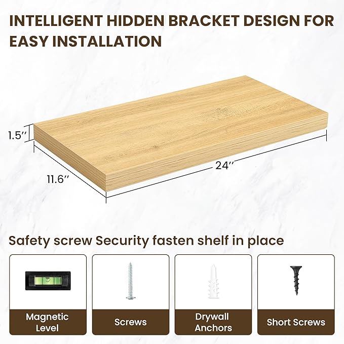 24 Inch Floating Shelves, 12 Inch Deep Floating Shelves for Wall, Floating Shelf with Invisible Brackets, Deep Shelves for Bathroom, Bedroom, Living Room, 2 Pack, Natural