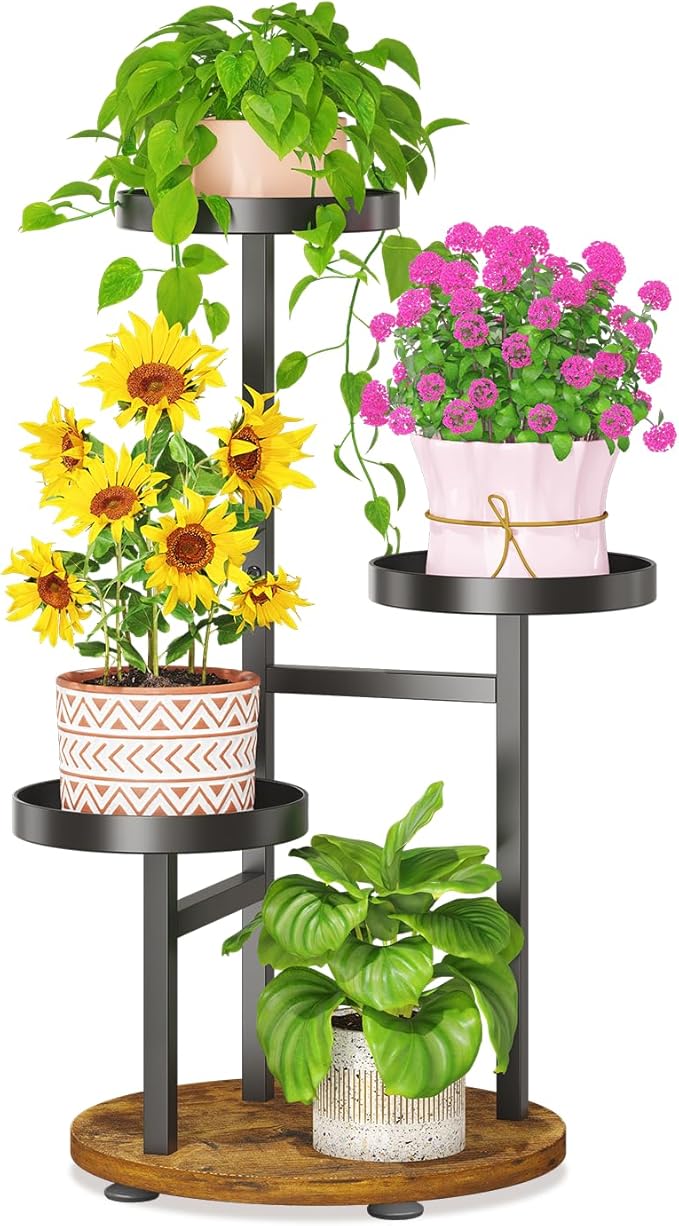 LASZOLA Black 3 Tier Tall Metal Plant Stand Indoor for Large Planter, Heavy Duty Wrought Iron Vertical Big Flower Rack, Sturdy Spiral Multiple High Organizer for Modern Patio House Bathroom Corner