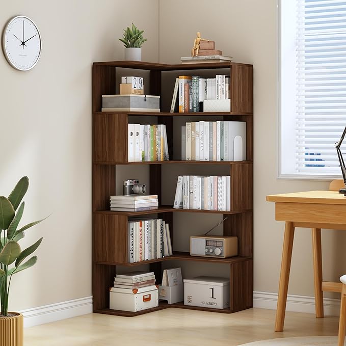 IOTXY 6-Tier L-Shaped Corner Bookshelf - 66" Tall Wooden Freestanding Bookcase with Open Shelf Units, Walnut