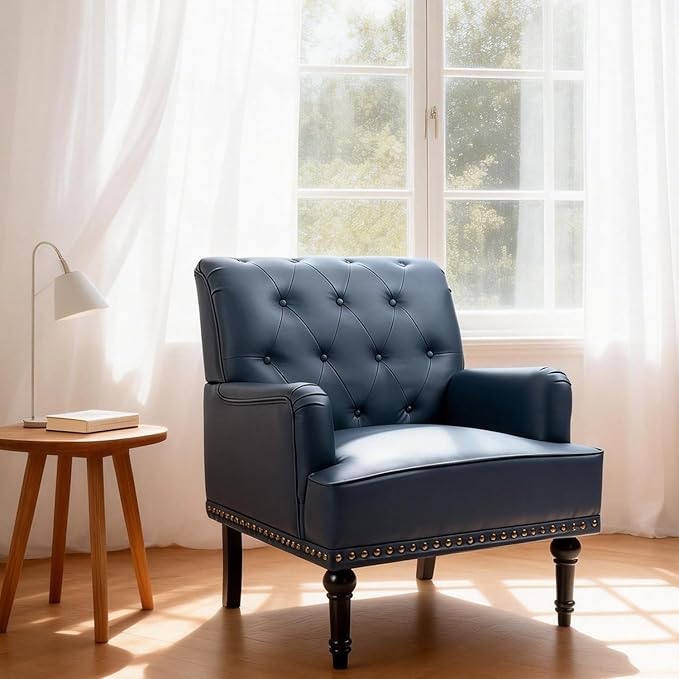 MOJAY PU Leather Accent Chair, Mid-Century Armchair Living Room Sofa Chair with Rubber Wood Leg, Club Chair with Rivet Trim for Bedroom Reading Room Reception (DarkBlue)