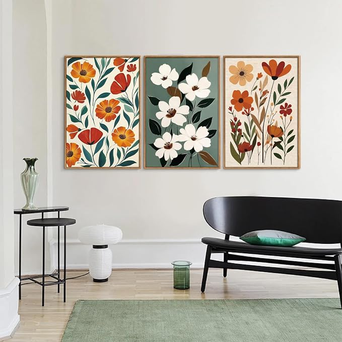 KaiWithYuan Vintage Floral Framed Canvas Wall Art, Boho Burnt Orange Flower Wall Decor, White Wild Flower Art Paintings, Retro Cozy Farmhouse Botanical Artwork for Bedroom Living Room Office 16"x24"x3