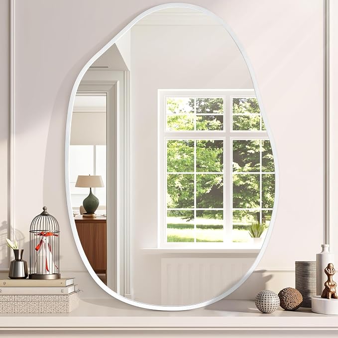 Large Asymmetrical Wall Mirror Aluminum Alloy Frame Irregular Bathroom Mirrors Brushed Metal Vanity Wall Mounted Mirror for LivingRoom Bedroom Entryway Room Home Decor White 26"x37.5"