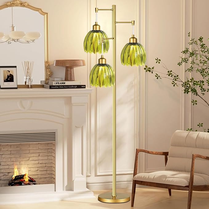 Glass Floor Lamp for Living Room,Bedroom,Gold Mid Century Modern Standing Lamp Brass Tree 3 Light Tall Floor Lamps Vintage Floor Lights Green Tulip Flower Lamp Shade Farmhouse Boho Bohemian