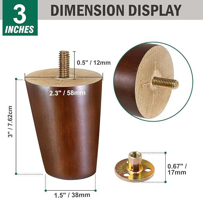 FoDau770 Brown Rubber Wood Furniture Legs 3 Inches, Slant Tapered Wood Feet Mid Century Sofa Legs Set of 4, 5/16" UNC Furniture Feet Replacement Parts for Cabinet Couch Dresser Chair Ottoman Table