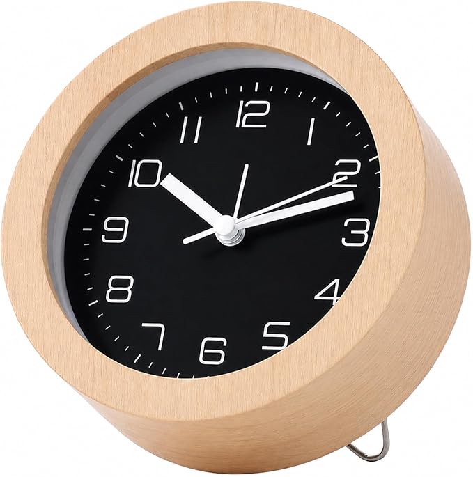 Analog Alarm Clock 5" Silent Non-Ticking Small Solid Wood Desk Clocks Battery Operated Simple Style Retro Table Clock for Office/Bedroom/Kitchen/School/Bedside/Shelf (Light Wood, Circular)