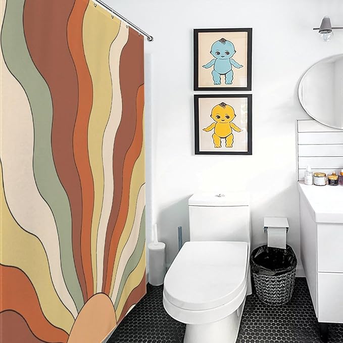 70s Orange Shower Curtain for Bathroom, Boho Sun Funky Hippie Wave Mid Century Abstract Sunrise Sunset Modern Geometric Colorful Retro Waterproof Fabric Shower Curtain Set with Hooks, 72"x72" Inch