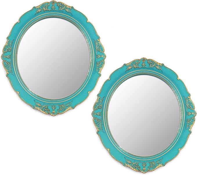 Eaoundm 13.1 x 14.8 inchs Decorative Wall Mirror,Vintage Hanging Mirrors for Bedroom Living-Room Dresser Decor Oval (Blue 2 Pcs)