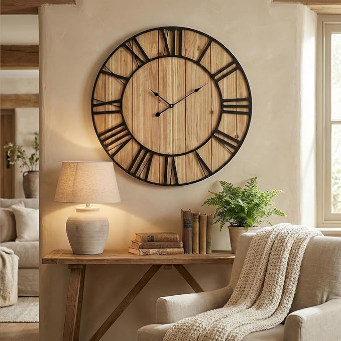 Large Farmhouse Wall Clock 30 Inch Vintage Brown Wooden Wall Clock with Quiet Ticking and Minimalist Roman Numerals for Bedroom Living Room Office Kitchen Home Decor, Battery Operated