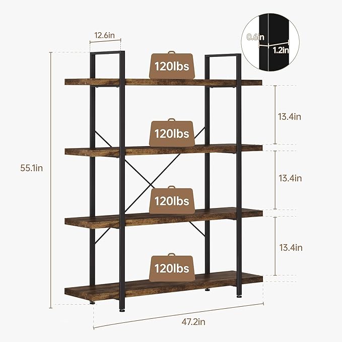 Heavy Duty 4-Tier Industrial Bookcase, 47" Wide Wood Bookshelf for Home Office, 120lbs Shelf Capacity, Rustic Open Shelving Display with Reinforced Horizontal Shelf for Living Room Bedroom