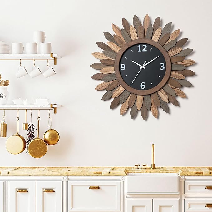 Honiway Large Wall Clock Battery Operated 21 in Rustic Wood Boho Sunburst Decorative Wall Clock Silent Non Ticking Farmhouse Wall Clocks for Living Room Bedroom Kitchen Bathroom Decor (Tricolor)