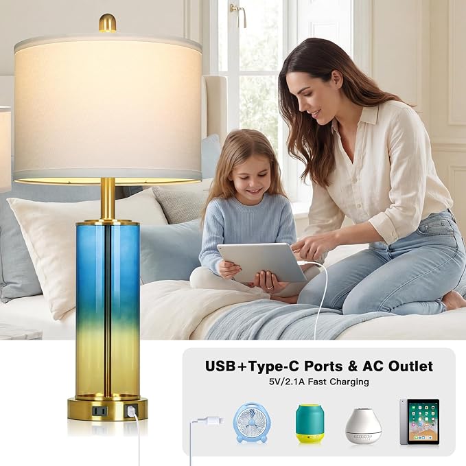 Ruzectt 26" Blue and Gold Glass Lamps Set of 2, 3-Way Dimmable Touch Coastal Bedroom Table Lamp with USB C+A Ports & AC Outlet, Elegant Brass Living Room Lamp, Nautical Bedside Lamps for Night Stands