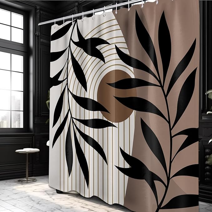 Boho Brown Shower Curtain Mid Century Dark Brown Shower Curtains for Bathroom Decor, Black and Tan Waterproof Cloth Fabric with Hooks, 70" W x 84" L
